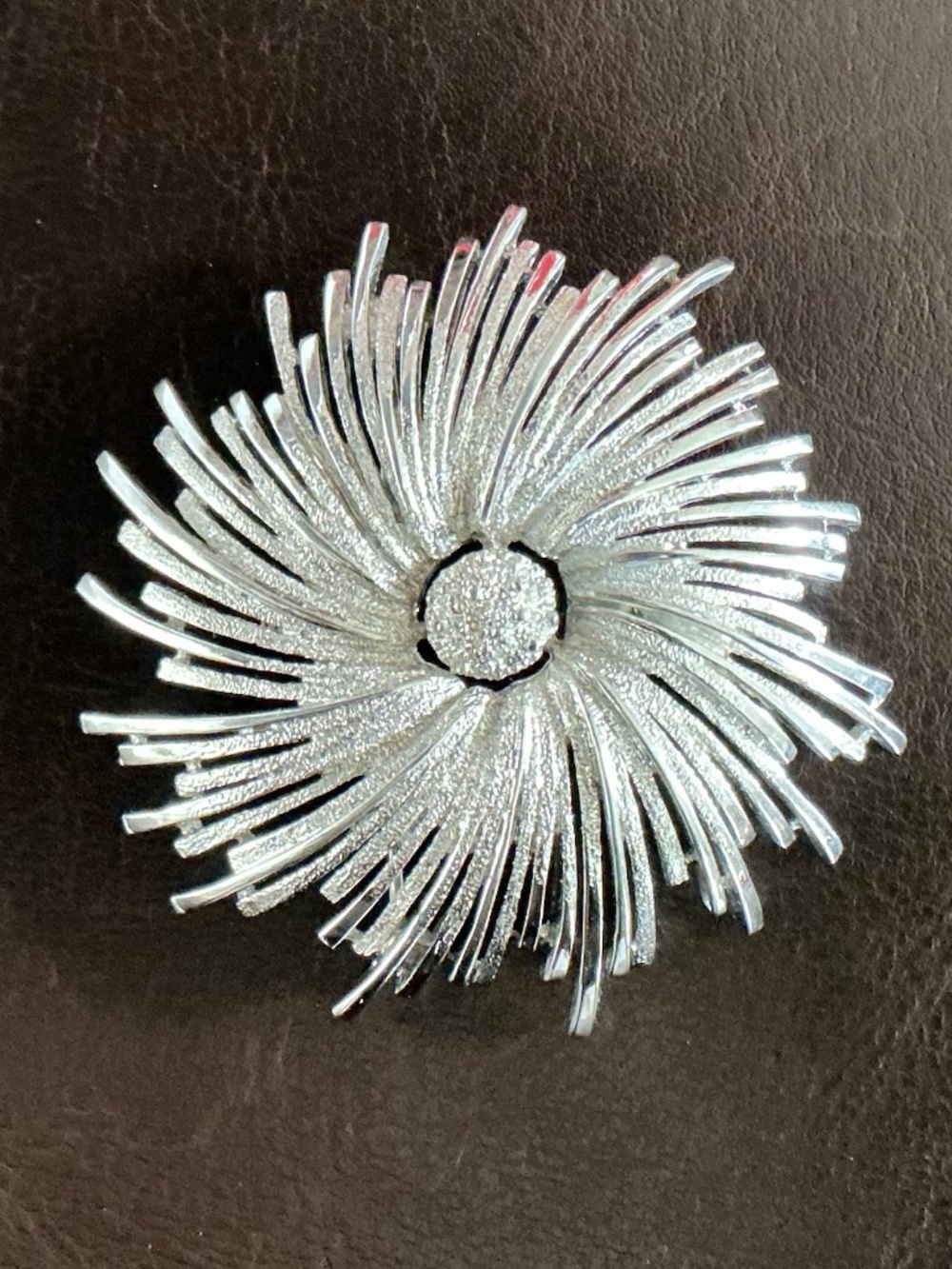 Large Monet Vintage Atomic Starburst Brooch Signed Textured Silver Tone Pin MCM